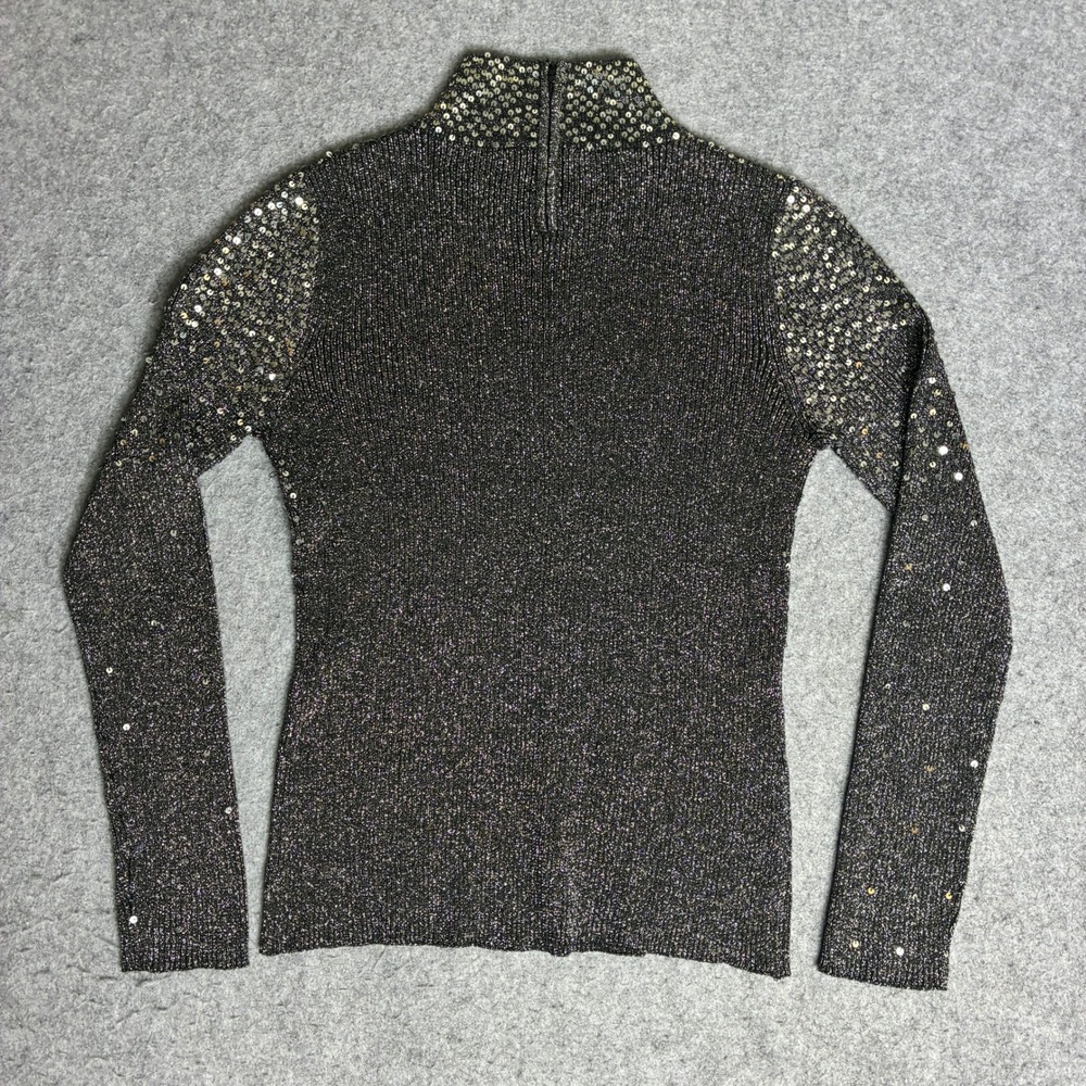 Once Again Sequin Mock Neck Sweater Women Medium Black Silver Excellent Ribbed